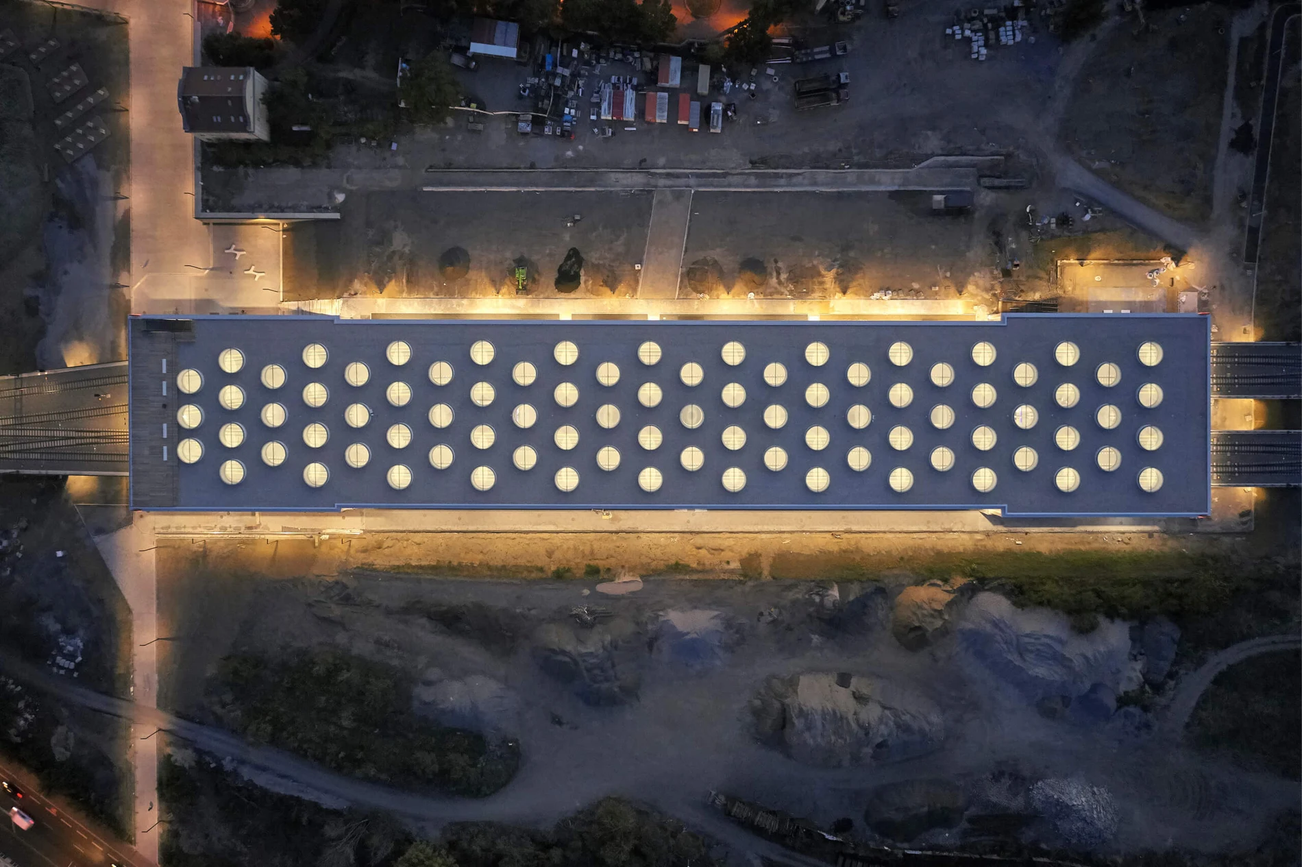 Bubny station — evening aerial view